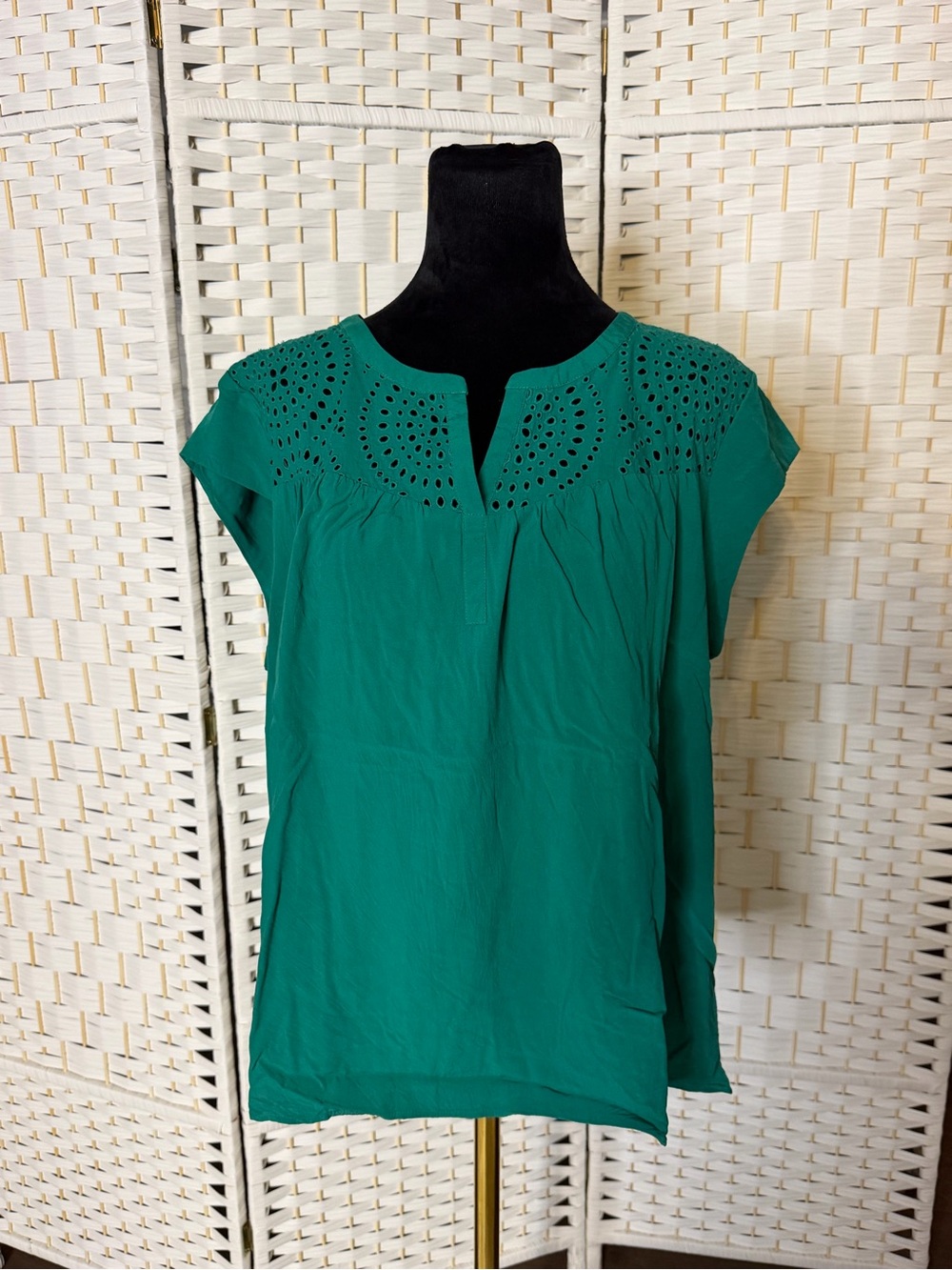 Daniel Rainn Teal Eyelet Yoke Cap Sleeve Blouse